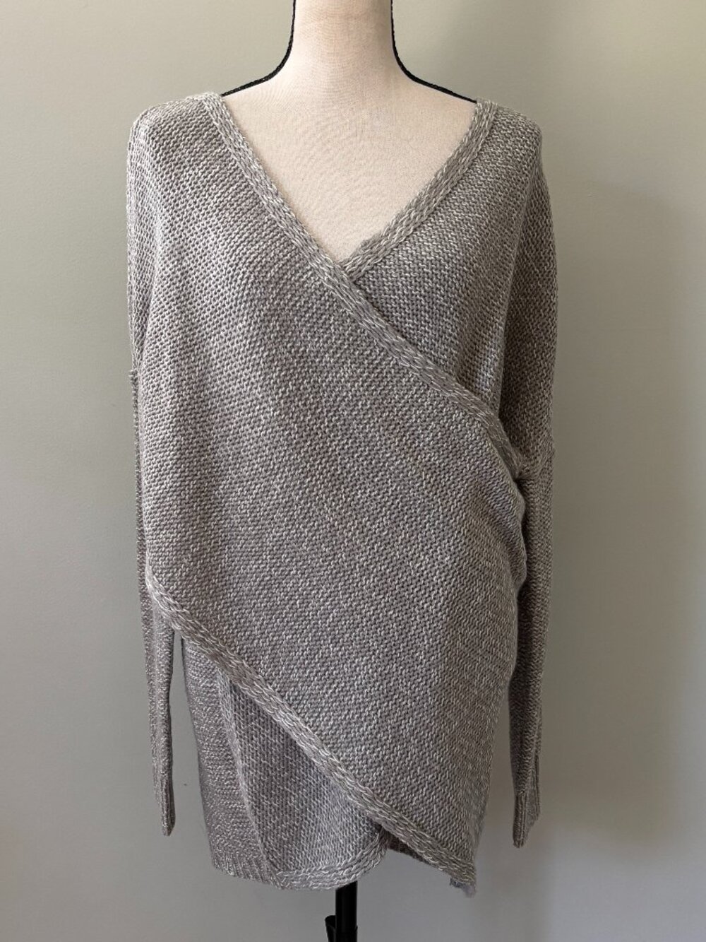 Quinn Grey Marled Knit Crossover-Front Sweater, Size M Like New
